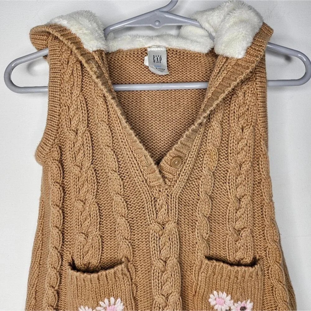 Baby Gap Embroidered Cable Knit Pop Over Sweater Dress Faux Fur Sz 12-18 Months